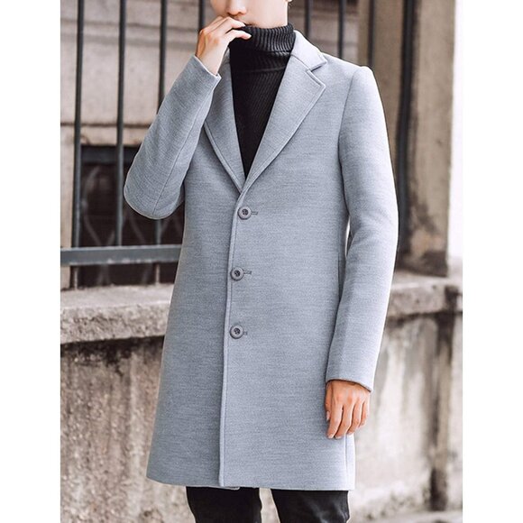 Men's  Light GRAY Wool Blend Pea Coat Notched Collar Breasted Winter Trench Coat - Picture 2 of 5